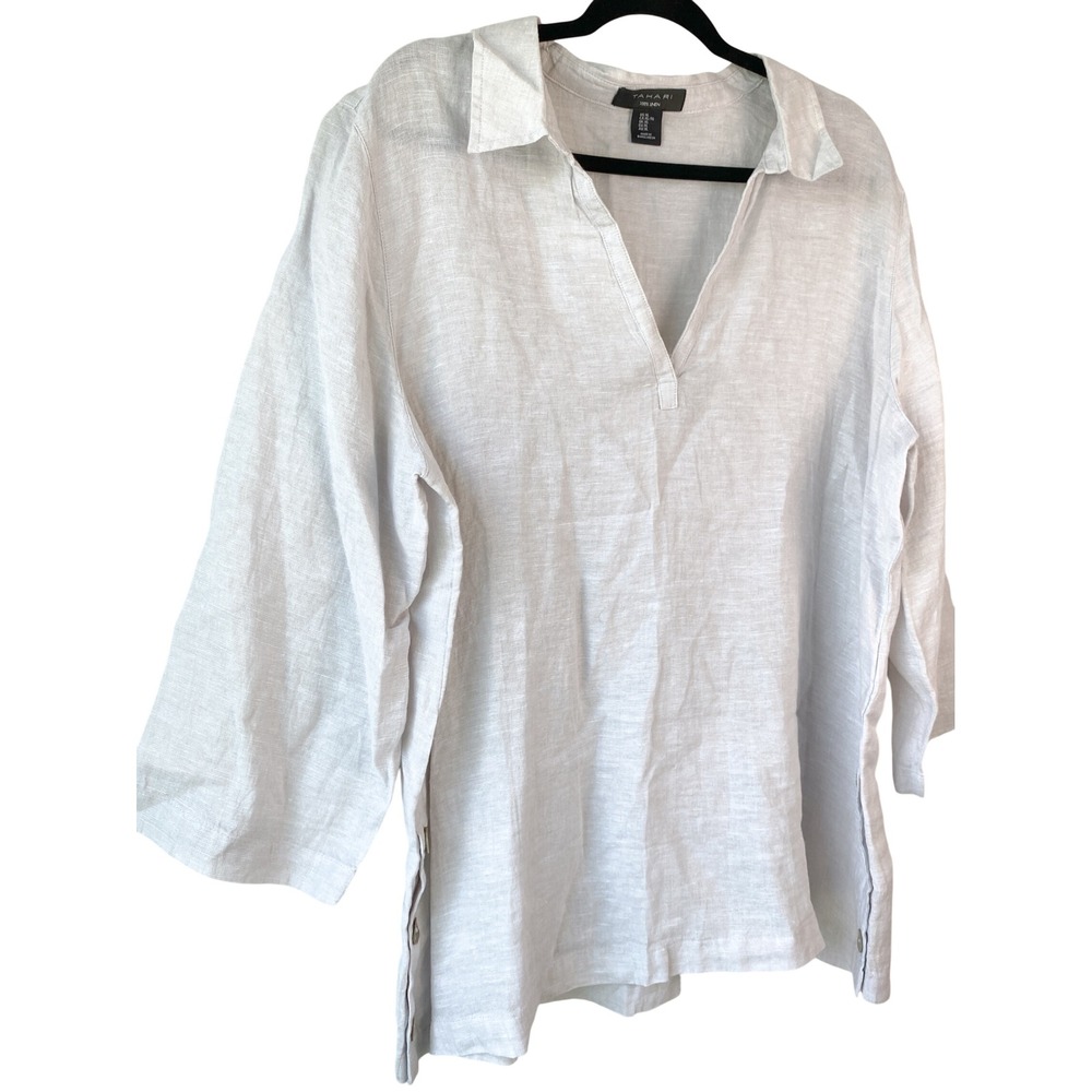 Tahari Womens 100% Linen Tunic XL Gray Popover 3/4 Sleeve Coastal Lagenlook